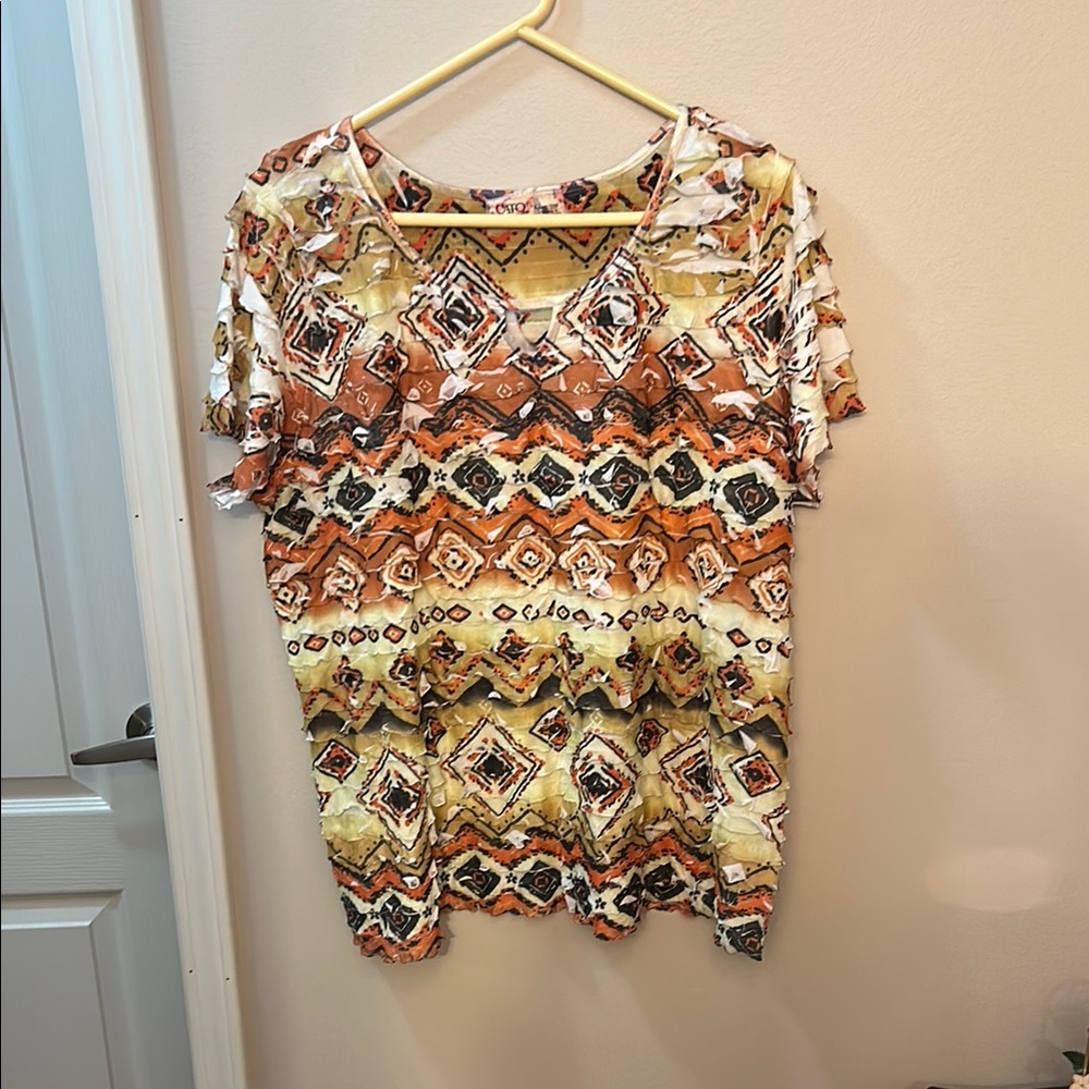 Cato Orange and Yellow Graphic Relaxed Blouse Short Sleeve